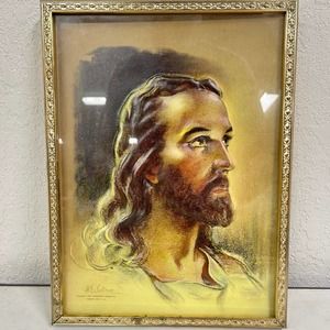 Framed head of Christ 3d lithograph wall art WE Sallman BLHN